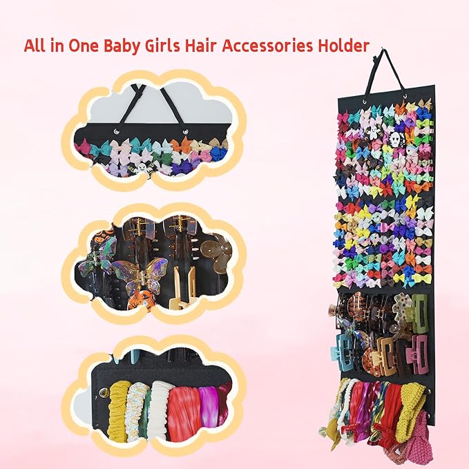 Hair Bow Organizer for Girls, Baby Hair Clips Holder Wall Hanging, Large Felt Bow Storage Display for Girls Hair Bows & Claw Clips, Ribbons, Headbands – Nursery Room Decor (Black)