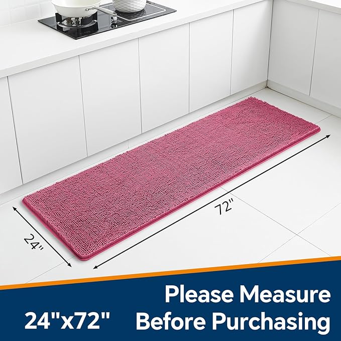 Hot Pink Bathroom Rugs 24"x72" - Long Plush Chenille Non-Slip Runner Bath Mat - Absorbent, Washable, Soft Decor for Shower, Sink, Tub, Kitchen, Floor, Home Accessories
