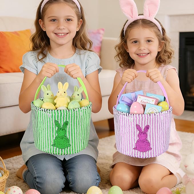 Personalized Easter Basket for Kids, Boys & Girls – Ideal for Egg Hunting & Easter Gift Storage (Green Sequin Bunny Basket)