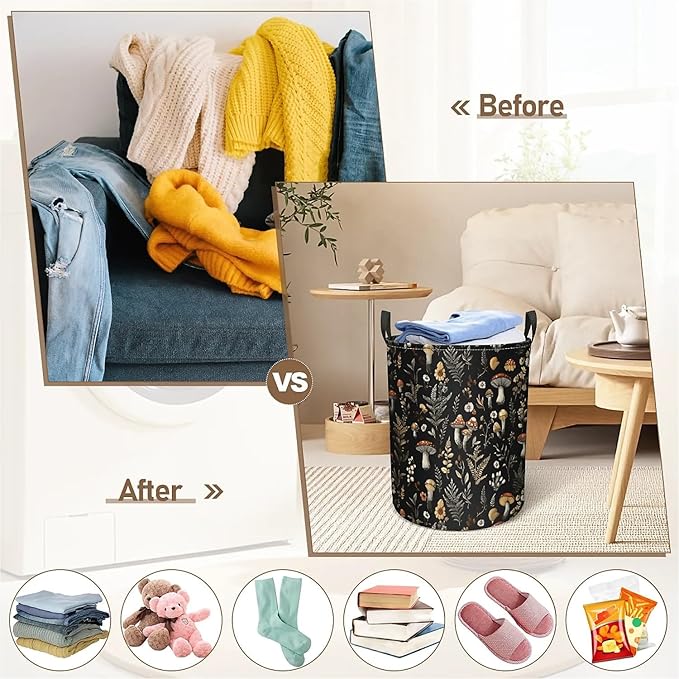Mushroom Laundry Hamper Basket, Large Canvas Collapsible Organizer Storage Basket for Nursery,Office,Toy Organizer,Home,Decor - 19.7" X 15.7 "