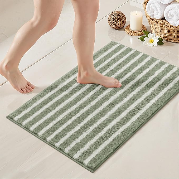 GRANNY SAYS Striped Bathroom Rugs Non Slip, 16" x 24", Bath Rugs for Bathroom Washable, Bath Mats for Floor, Microfiber Bath Mat for Tub, Absorbent Bath Rugs for Shower Room, Sage Green