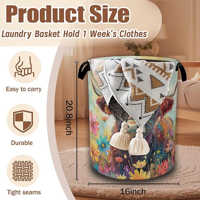 Highland Cow Laundry Basket,Spring Flowers Watercolor Laundry Hamper Waterproof Oxford Cloth Tote Collapsible,Clothes Storage Bucket Decorative Toy Organizer For Bathroom Bedroom 16" x 20.8"