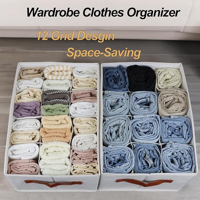 2 Pcs Closet Organizers and Storage Bins for Clothing, 12 Cell Closet Clothes Organizer for Leggings Yoga Pants T-shirts Thin Jeans Clothes, Clothing Storage Bin Container with Sturdy Handles