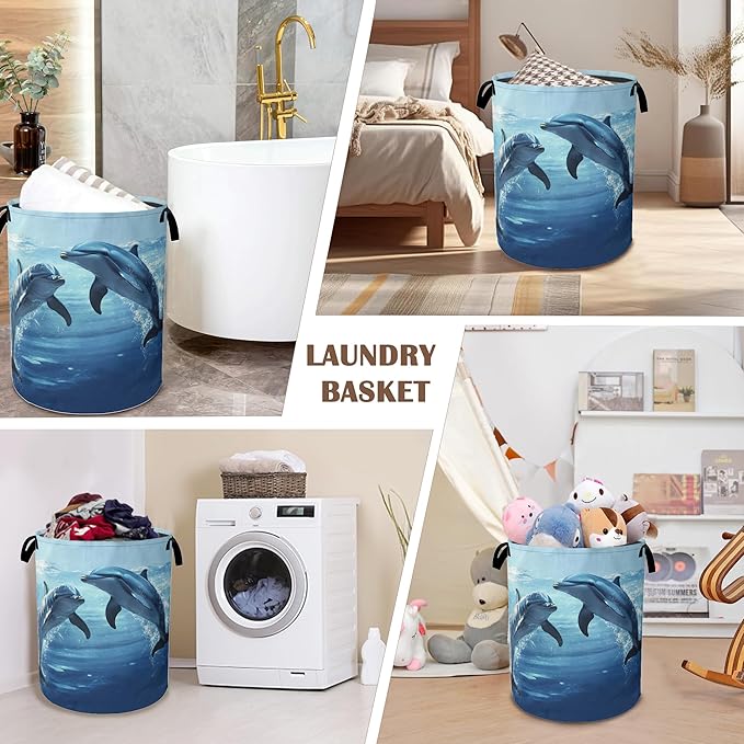 Ocean Dolphin Laundry Basket,Collapsible Laundry Baskets with Handles,Waterproof Oxford Cloth Storage Basket 16"x20" for Bathroom/Bedroom/Dormitories