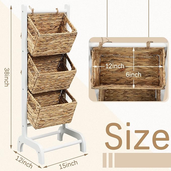 Menkxi Wicker 3 Tier Foldable Storage Basket Floor Rack with Market Storage Basket Water Hyacinth Storage Rack Hand Woven Laundry Rack for Bathroom Kitchen Laundry Room Living Room Storage(White)