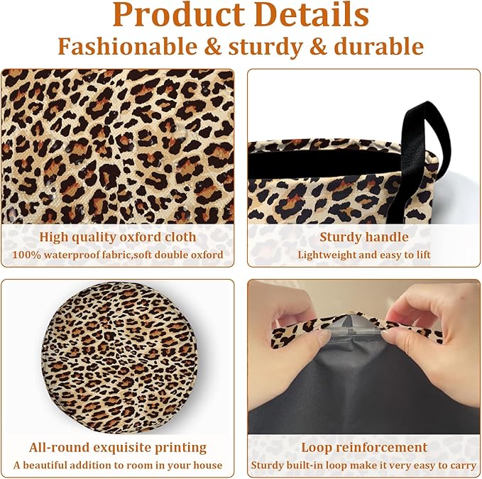 Brown Leopard Laundry Basket with Sturdy Handles, Natural Animal Skin Print Collapsible Oxford Cloth Laundry Hamper Organizer Basket for Bathroom Bedroom 15.7x20 Inch