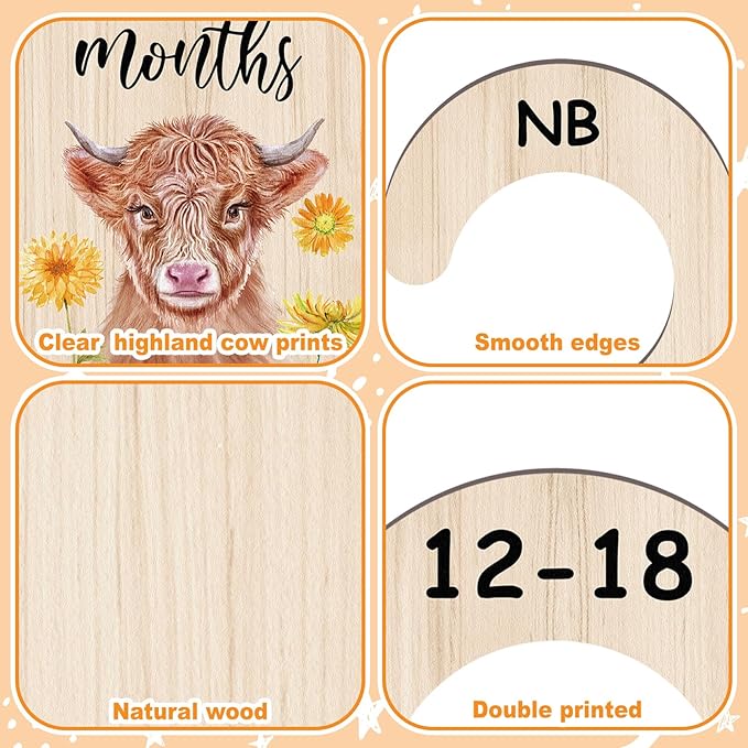 RattanView 7 Pcs Highland Cow Baby Closet Dividers for Clothes Organizer Double Sided Wooden Nursery Closet Dividers for Baby Boy Girl Newborn to 24 Months Home Nursery Supplies