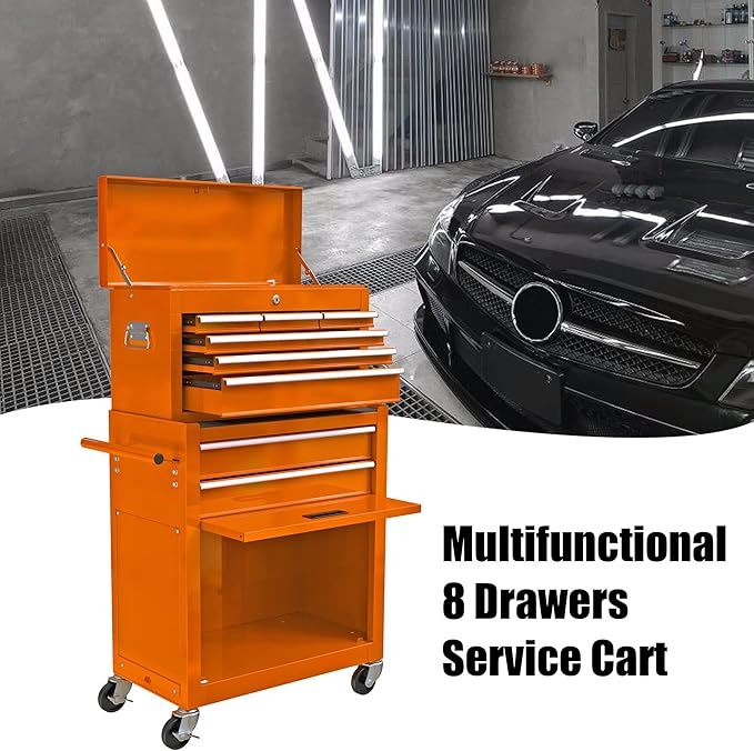 Rolling Tool Chest with Wheels Metal Tool Box on Wheels with 8 Drawers, Lockable Heavy Duty Toolbox Drawer Organizer Rolling Too Cart for Repair Shop, Garage, Orange