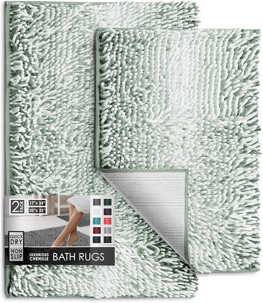 Hearth & Harbor Bathroom Rugs, Chenille Bath Mat - Machine Washable Bath Mats for Bathroom Non-Slip Backing Rubber, Quick Dry Bathroom Mat, 17 x 24 + 20 x 32 - Ombre Green