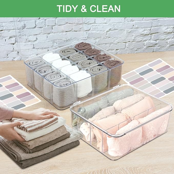 2-Pack Acrylic Sock and Underwear Organizer with Blank Label, Clear Plastic Organization and Storage Bins with Lid and Removable Dividers, Storage Box for Closet