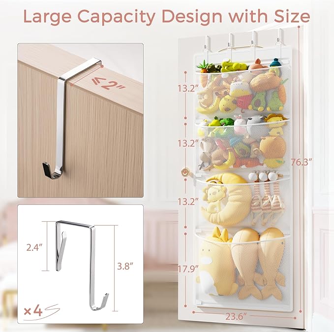 Criusia Stuffed Animal Storage, Over The Door Organizer with 4 Mesh Pockets, Toy Organizers and Storage for Nursery, Baby Supplies, Hanging Door Organizer for Kids Room & Playroom Organization, White