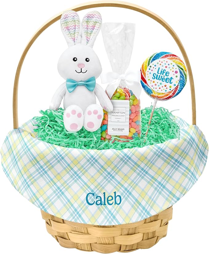 Let's Make Memories Personalized Easter Basket for Kids- For Boys - For Girls - Create Your Own - Fillable - Wicker - Easter Basket Stuffers - Large - Blue Fun Plaid