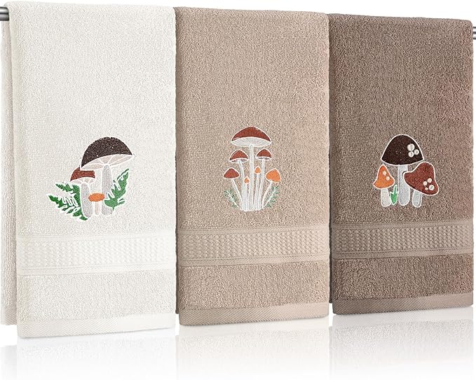 3 Pcs Mushroom Decorative Hand Towels for Bathroom Decor Mushroom Kitchen Towels Set Farmhouse 100% Cotton Embroidered Towel for Bathroom Kitchen 13.3 x 29.5''