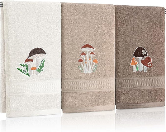 3 Pcs Mushroom Decorative Hand Towels for Bathroom Decor Mushroom Kitchen Towels Set Farmhouse 100% Cotton Embroidered Towel for Bathroom Kitchen 13.3 x 29.5''