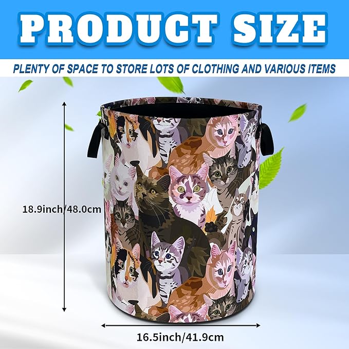 Cat Laundry Basket Oxford Cloth Funny Kitten Face Laundry Hamper With Handle Foldable Portable Clothes Storage Basket 18.9 X 16.5 In Storage Bag For Laundry Room/Bathroom/Bedroom/Dormitories
