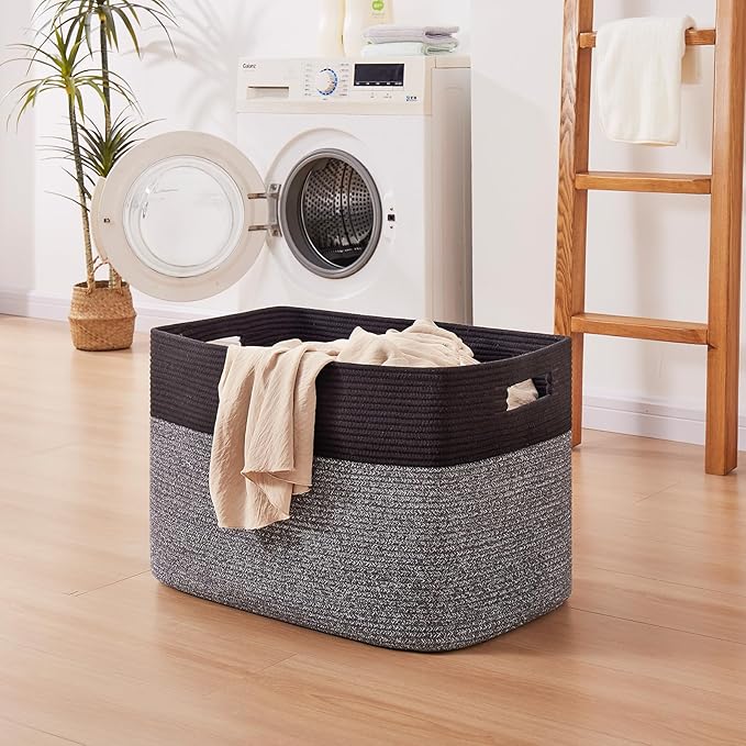 OIAHOMY 108L Extra Large Blanket Basket, 25”x16”x16” Laundry Basket, Blanket Storage for Living Room, Dog Toy Storage with Handle - Grey & Black