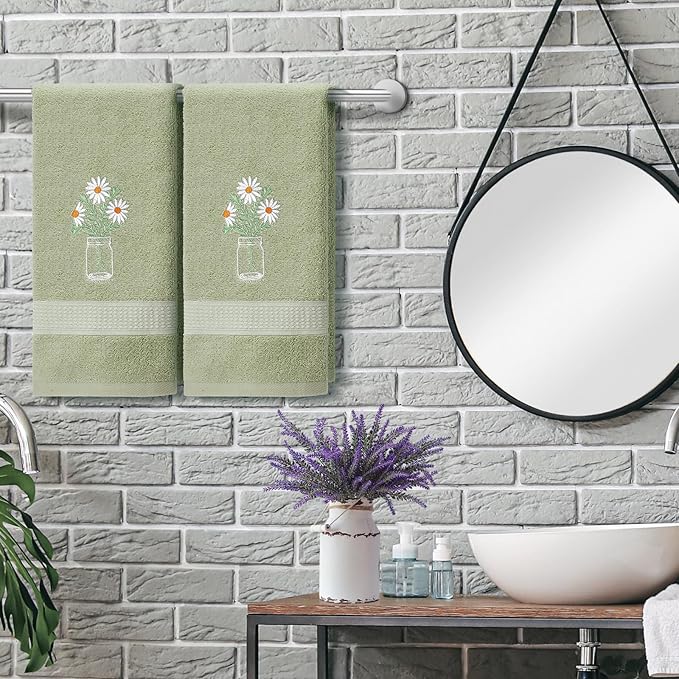 2 Pcs Daisy Flower Hand Towels Gray Green Bathroom Decor 14x29 Inch Embroidered 100% Cotton Soft Absorbent Spring Summer Decorative Hand Towels for Bathroom Kitchen