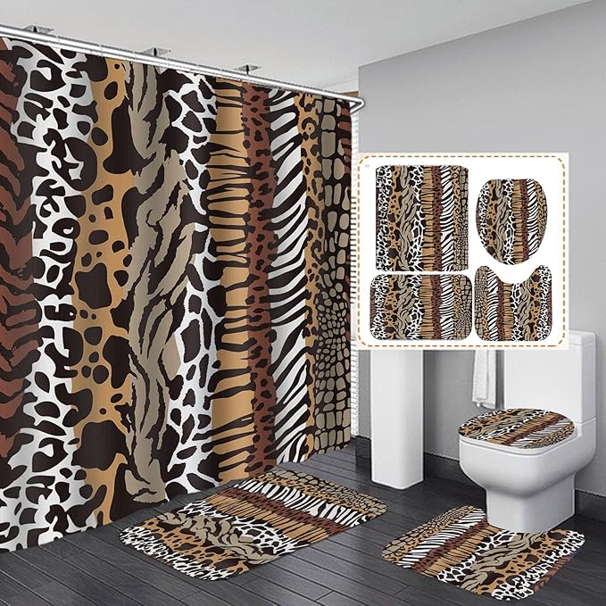 4PCS Leopard Print Shower Curtain Set, African Safari Stripes Tiger Zebra Crocodile Cow Cheetah Print Bathroom Decor, Waterproof Fabric Shower Curtain Non-slip Bath Mat Toilet Rug, Animal Skin