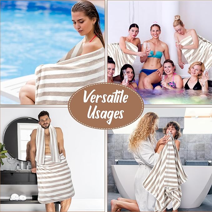 16 Pack Microfiber Bath Towels Bulk 27'' x 60'' Oversized Size Bath Towel Highly Absorbent Extra Large Soft Drying for Shower Beach Winter Salon Sport Gym Party (Stripes,Brown)