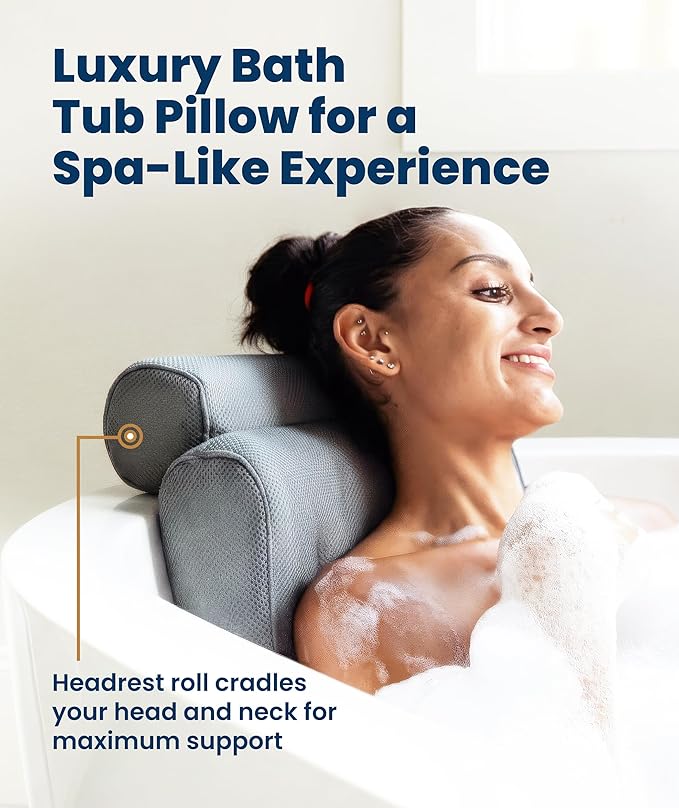 Everlasting Comfort Luxury Bath Pillow for Tub with Head & Neck Support – Non-Slip Bathtub Pillow with Suction Cups, Quick-Dry Mesh & Hook, Spa Accessory – Gray (Pack of 2)