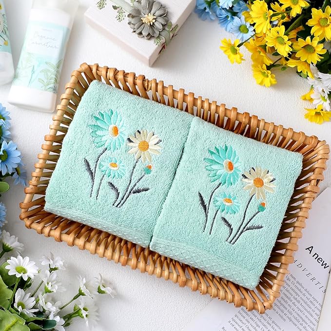 2 Pcs Daisy Hand Towels Teal Flower Bathroom Decor 14x29 Inch Embroidered 100% Cotton Soft Absorbent Spring Summer Decorative Daisy Hand Towels for Bathroom Kitchen