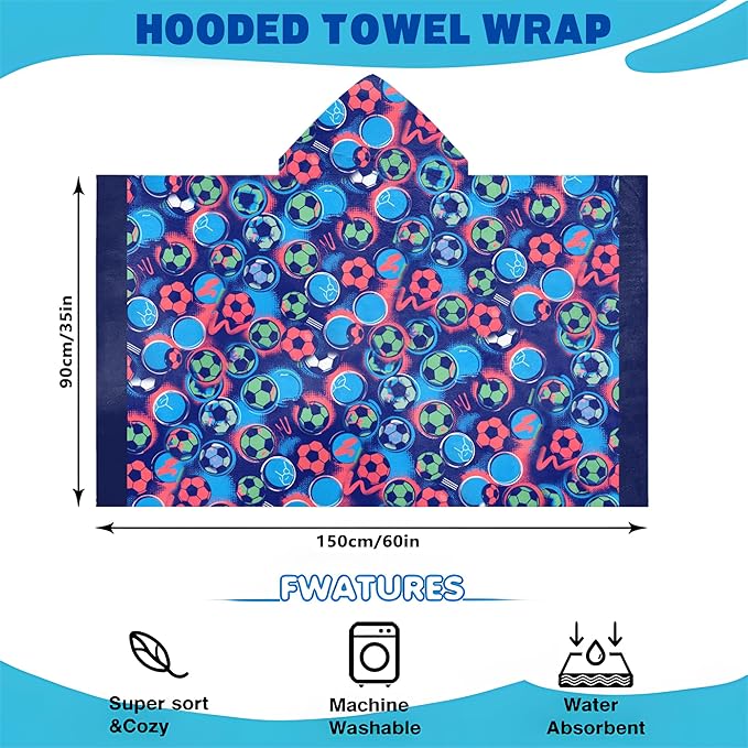 Hooded Towels for Kids -Toddler Beach Towel- Super Absorbent & Quick Dry 100% Cotton 35x60 Inch - to Kid Ages 3-12-Soccer Pattern Design