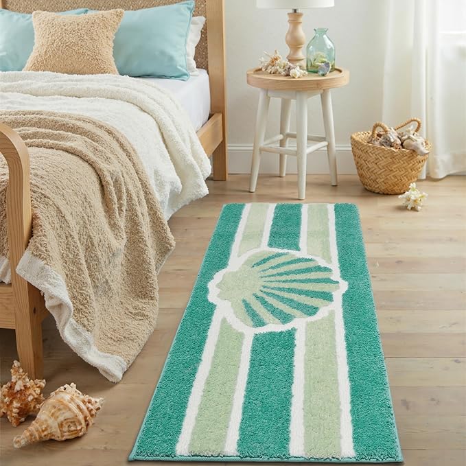 Green Beach Bathroom Rugs Non Slip Washable Cute Coastal Bath Mats Rugs for Bathroom Floor Nautical Fluffy Plush Soft Absorbent Farmhouse Carpet for Shower, Tub, 20x47 inch