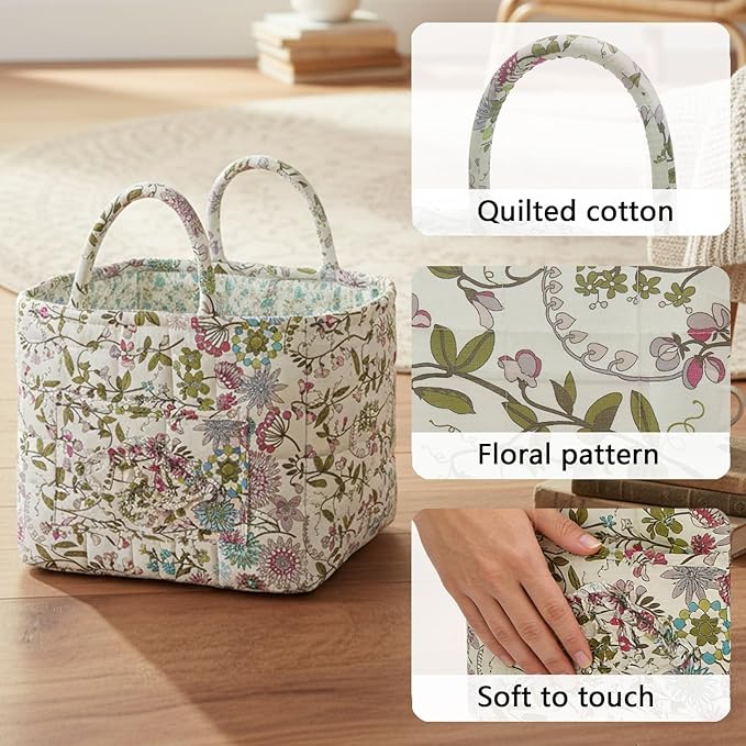 Quilted Fabric Storage Baskets with Handles, Boho Floral Gift Basket Foldable Organizer Bin for Home Decor, Picnic, Travel 12''x10''x10'' (Purple)