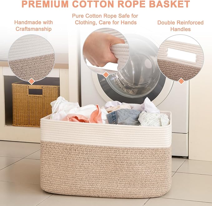 Extra Large Blanket Basket, Toy Basket Bin for Kids, Cotton Rope Woven Storage Basket for Living Room, Nursery, Baby Room Decorative Organizer, 24''×16''×15'', Brown & White