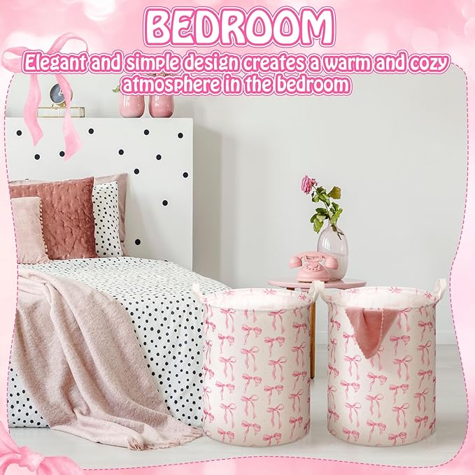 Coquette Pink Bow Laundry Basket Pink Bow Nursery Laundry Basket Hamper Waterproof Collapsible Storage Bin Organizer for Bedroom Bathroom Room Dorm Clothes Toys