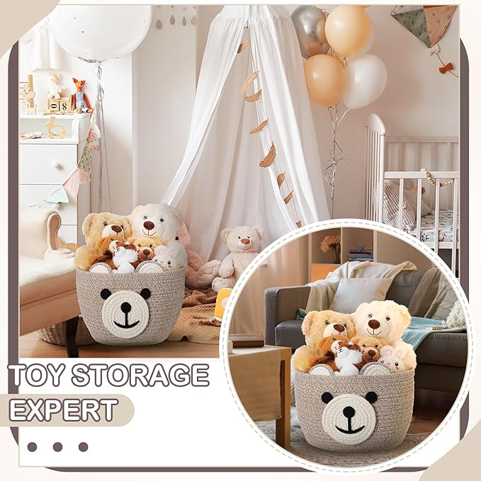 Zopeal Bear Basket 13" D x 9.5" H for Nursery Cotton Rope Woven Cute Storage Basket with Handles Animal Hamper for Baby Shower Laundry Bathroom Home Decorative