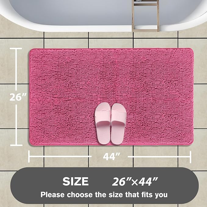Hot Pink Bathroom Rugs – Absorbent and Washable Bath Mat, Non-Slip, Thick Soft Chenille Bath Rugs for Bathroom Floor, Shower, Sink - 26" x 44"