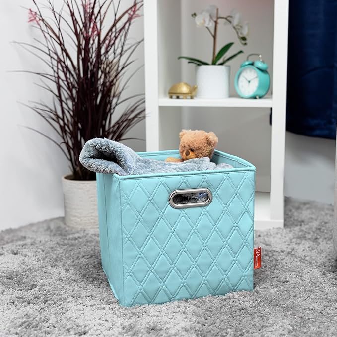 FH Group JIAessentials 11" Faux Leather Foldable Storage Cube Bins Set of 2 – Blue Diamond Patterned Organizers with Handles for Closet & Shelves