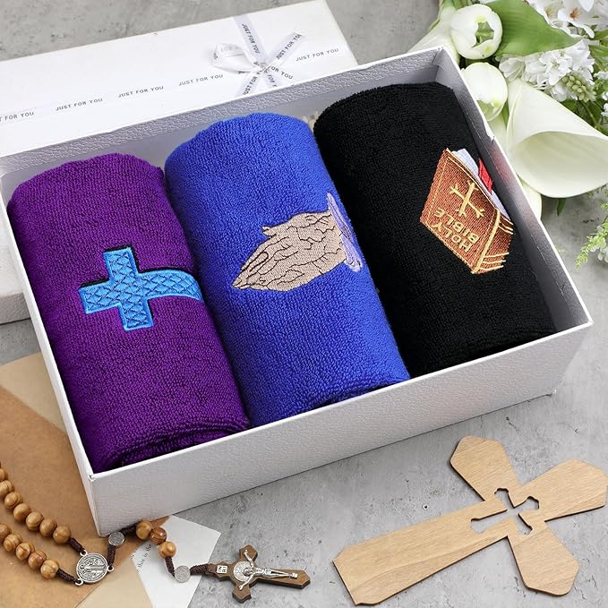 3 Pcs Easter Pastor Hand Towels, Christian Embroidered Religious Cross Cotton Towels 13.78 x 29.53 Inch, Soft Absorbent Bathroom Clergy Dove Gift for Easter Father's Day