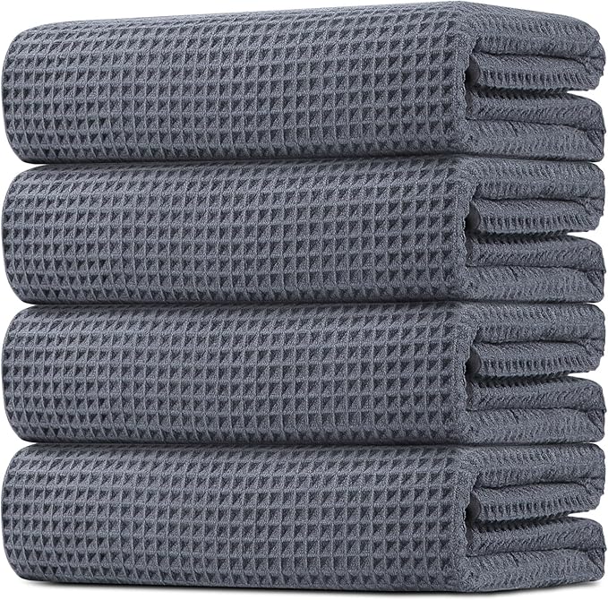 HOMEXCEL Waffle Bath Towels Set 4 Pack, Premium Microfiber Bathroom Towels, Ultra Soft, Lightweight, Highly Absorbent and Quick Dry Towel for Bathroom, Gym, Shower, Hotel, and Spa, 27 x 54 Inch, Grey