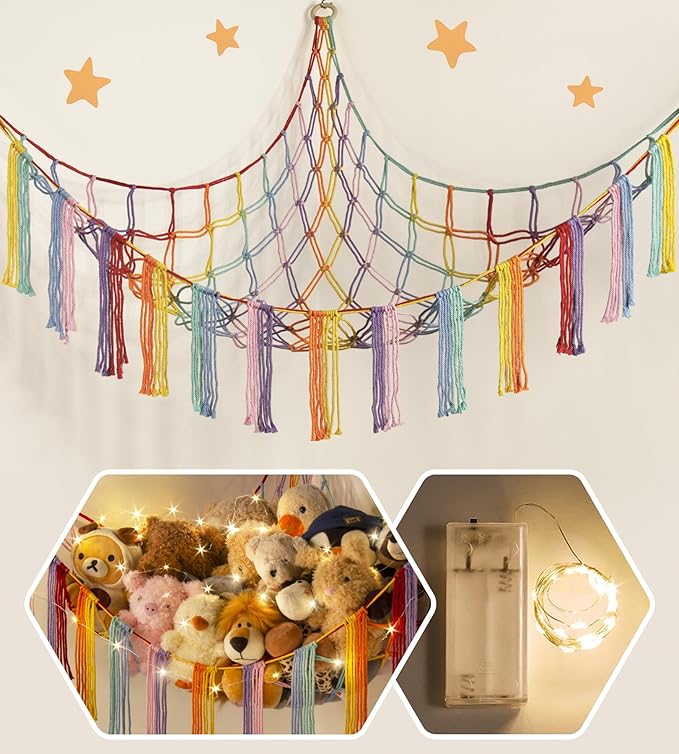 Stuffed Animal Hammock Corner with LED Light - Toy Storage Hammock Plushie Net Large - Cute Stuff Animals Holder Hanging Organizer - Baby Room Rainbow Decor Kids Toddler Nursery Bedroom