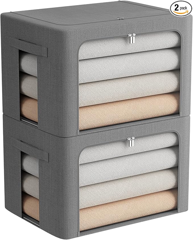 FHSQX 2 Pack Clear Window Storage Bins Stackable Linen Fabric Storage for Clothes Foldable Box Organizer Set with Carrying Handles-36L (Gray, 15.7x 11.8x 11.7 Inch)