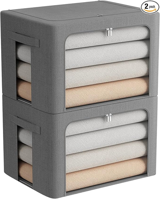 FHSQX 2 Pack Clear Window Storage Bins Stackable Linen Fabric Storage for Clothes Foldable Box Organizer Set with Carrying Handles-36L (Gray, 15.7x 11.8x 11.7 Inch)