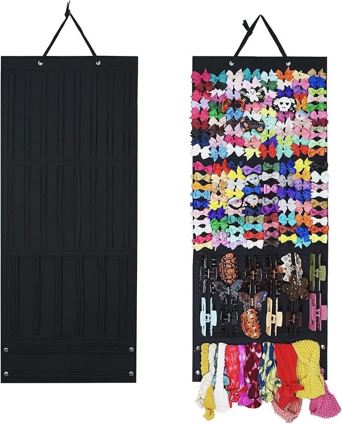 Hair Bow Organizer for Girls, Baby Hair Clips Holder Wall Hanging, Large Felt Bow Storage Display for Girls Hair Bows & Claw Clips, Ribbons, Headbands – Nursery Room Decor (Black)