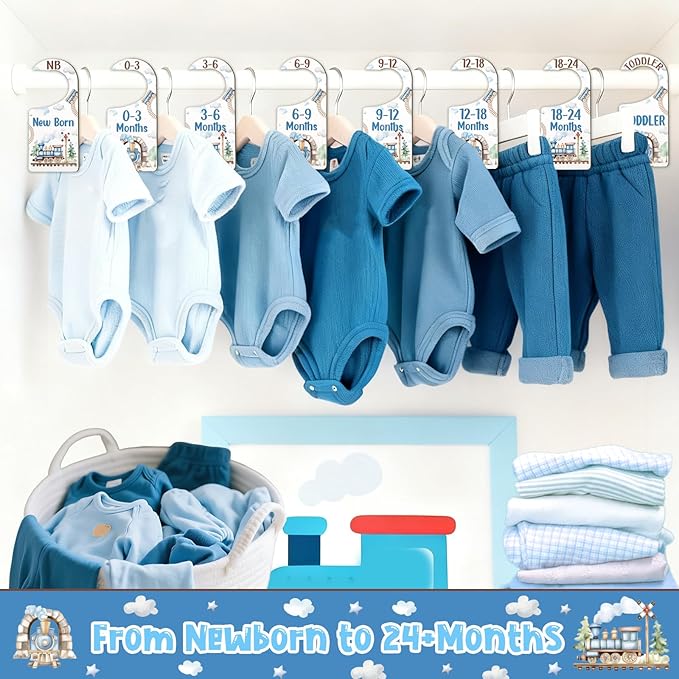 Baby Closet Dividers 8PCS, Retro Train Themed Wooden Double-Sided Clothes Size Hanger/Organizer from Newborn to Toddler for Nursery Decor Baby Shower Birthday Gender Reveal Party Gift