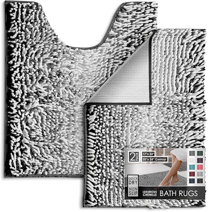 Hearth & Harbor Bathroom Rugs, Chenille Bath Mat - Machine Washable Bath Mats for Bathroom Non-Slip Backing Rubber, Quick Dry Bathroom Mat, 17 x 24 + 20 x 24 - Ombre Black