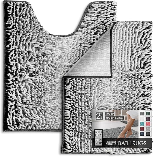 Hearth & Harbor Bathroom Rugs, Chenille Bath Mat - Machine Washable Bath Mats for Bathroom Non-Slip Backing Rubber, Quick Dry Bathroom Mat, 17 x 24 + 20 x 24 - Ombre Black
