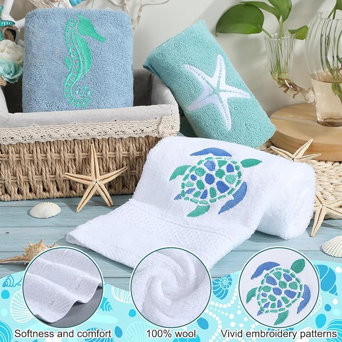 3 Pcs Ocean Beach Coastal Hand Towels for Bathroom Embroidered Bathroom Summer Towels Farmhouse Decorative 13. 78 x 29. 53 Inch Absorbent Soft Cotton for Kitchen Dish Fast Drying Decor