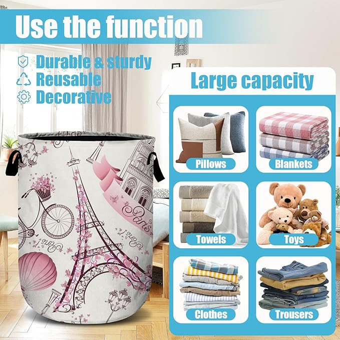 Romantic Paris Eiffel Tower Laundry Basket, Laundry Hamper Collapsible Oxford Cloth with Handle Clothes Toy Storage Bin for Bathroom Laundry Room Bedroom 15.7 X 20 Inch