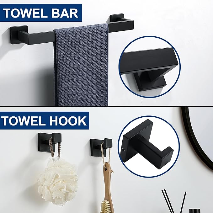 5 Pieces Bathroom Hardware Accessories Set Matte Black, 16Inch Square Towel Racks Set for Bathroom, SUS304 Stainless Steel Towel Bar Set, Bath Accessories Sets Wall Mounted
