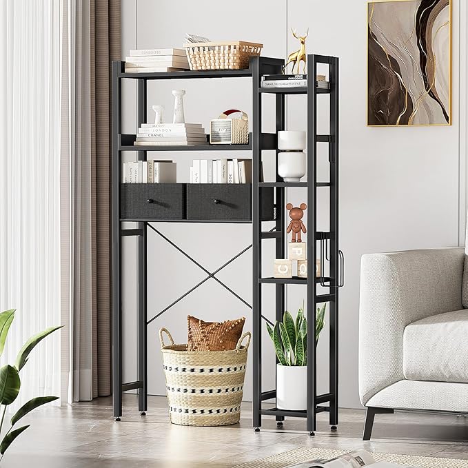 Housolution Over The Toilet Storage with 2 Drawers, 7 Tier Over Toilet Bathroom Organizer with Height Adjustable Shelves and Hooks, Space Saver Above Toilet for Bathroom/Restroom/Laundry, Black