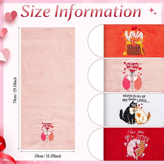 4 Pcs Valentine's Hand Towels Set for Bathroom Kitchen Valentine's Couple Gift 29" x 13" Romantic Funny Animal Embroidered Bath Towel Absorbent Cleaning Cooking for Anniversary Wedding