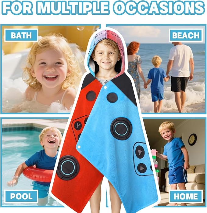 Hooded Towels for Kids- Ultra Soft 100% Cotton Video Game Gamepad Toddler Hood Bath Towels/Pool Terry Towel Beach Poncho Wrap Absorbent Cute Bath & Swim Wrap for Boys & Girls 3-10 Years