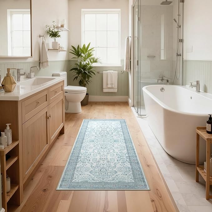 GRANNY SAYS Boho Bathroom Runner 47"x 18" Non-Slip,Quick Dry & Washable Vintage Bath Rug,Distressed Farmhouse Plush Velvet Bath Mat for Sink Shower and Bathtub, Vintage Blue