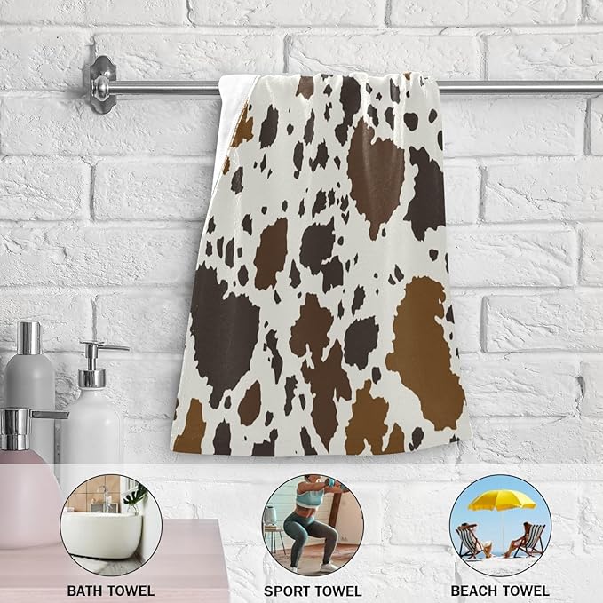 2 Pack Brown Cow Print Hand Towels for Bathroom,Soft Absorbent Rustic Cowhide Farmhouse Animal Skin Pattern Kitchen Towels,Cow Hide Decorative Guest Bathroom Towels for Face,Shower,Gym 14"x28"